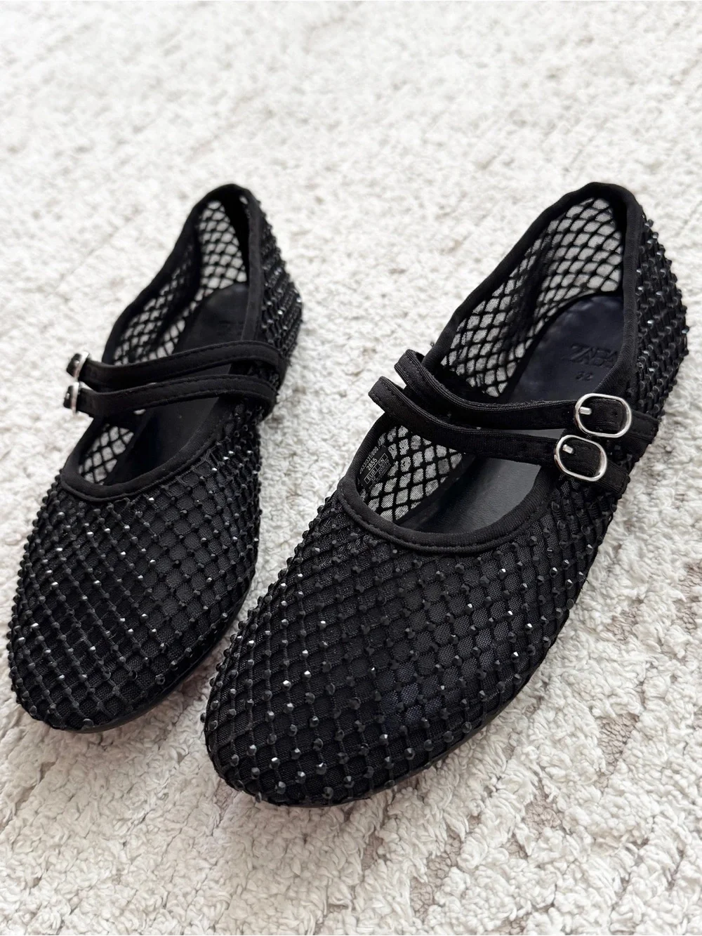 Zara Black Beaded Double-Strap Mary Jane Flats